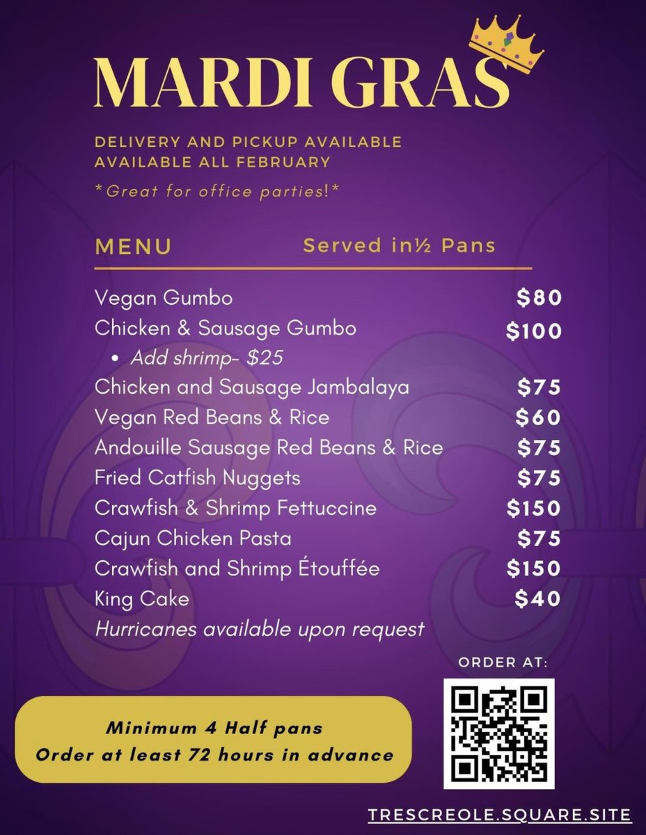 Mardi Gras is just around the corner and @trescreolecatering is celebrating all month long! Their Mardi Gras menu will be available throughout February so you can let the good times roll. Place your order at: trescreole.square.site. 📸: @trescreolecatering