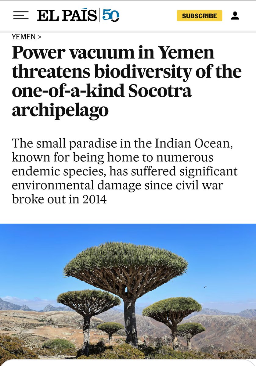 صحيفة إل باييس الإسبانية :

تعرضت البيئة في جزيرة سقطرى لأضرار كبيرة من قبل أبو ظبي و تم سرقة أنواع نادرة من الأشجار و المرجان و حتى الفراشات التي يتم بيعها بطريقة غير قانونية بمبلغ 1200 دولار للفراشة الواحدة .

—-
ان شفت شي في طريقك واعجبك شلّه 🌷