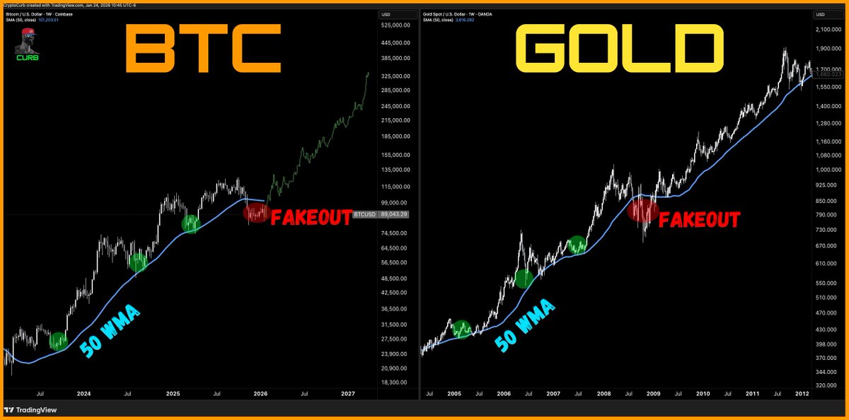 CryptoCurb's tweet image. $BTC  vs  gold

imagine selling gold mid-cycle because it "dropped below its 50 WMA"