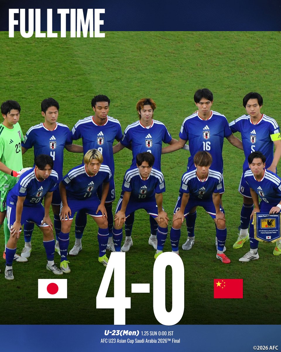 jfa_samuraiblue's tweet image. 🔹試合終了🔹️

🏆AFC U23アジアカップ サウジアラビア 2026
⚔️決勝
🇯🇵U-23日本代表 4-0 U-23中国代表🇨🇳

⌚️0:00(🇯🇵)
📱DAZNにて無料配信❗️
🔗jfa.jp/national_team/…

#AFCU23 @afcasiancup
#夢への勇気を #U23日本代表
#サッカー日本代表