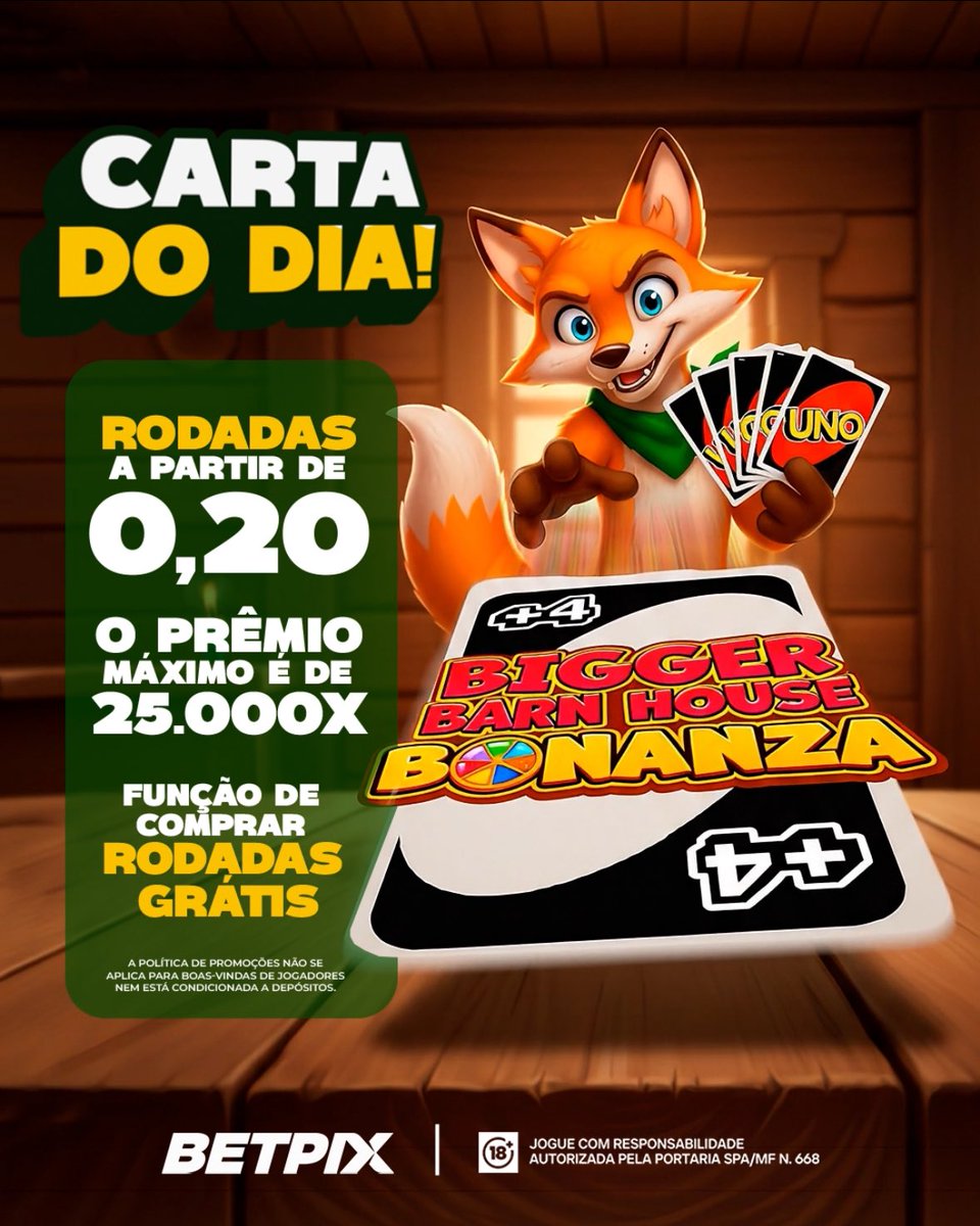 Carta do dia na mesa! 🔥

Vem de Bigger Barn House Bonanza. 🦊🫵

Rodadas a partir de 0,20, multiplicador que pode chegar até 25.000x e aquela função de comprar rodadas grátis que todo jogador gosta de explorar! 🤩✌️

Jogue com responsabilidade 🔞