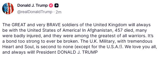 PolitlcsUK's tweet image. 🚨 BREAKING: Donald Trump says the UK military is "second to none" as he rolls back on his comments about NATO troops "staying a little back from the front line" in Afghanistan