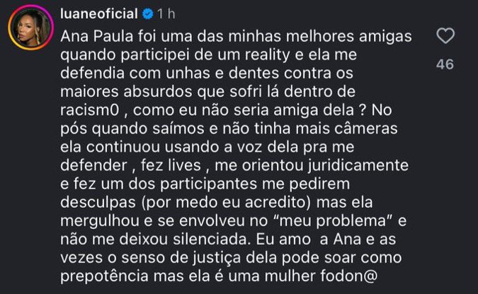 cejotinhaaa's tweet image. A Luane que fez a fazenda junto com a Ana Paula fez esse comentário numa publicação no Instagram: #BBB26