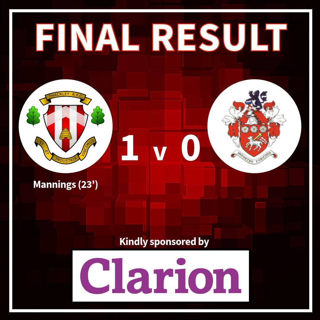 𝗙𝗨𝗟𝗟 𝗧𝗜𝗠𝗘-  Thackley AFC 1-0 <a href="/Liversedge_FC/">Liversedge FC</a> 

It’s a simply superb win for the lads over Liversedge as Mannings’ first half goal puts the sword to the league leaders!

Safe travels to all at Liversedge and good luck in your push to get promoted! 🤝