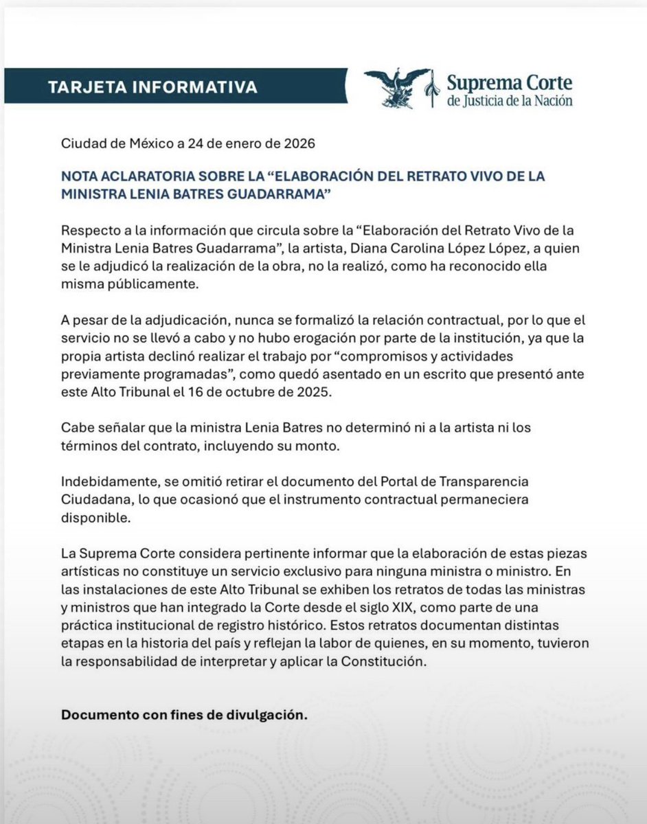 🚨ÚLTIMAHORA

Una vez más, la <a href="/SCJN/">Suprema Corte</a> tiene que salir a emitir una nota aclaratoria. Ya deberían contar con una sección de infodemia, pues recientemente algunos medios de comunicación aseguraron que la ministra <a href="/LeniaBatres/">Lenia Batres</a> solicitó un retrato con un costo de 40 mil pesos, con