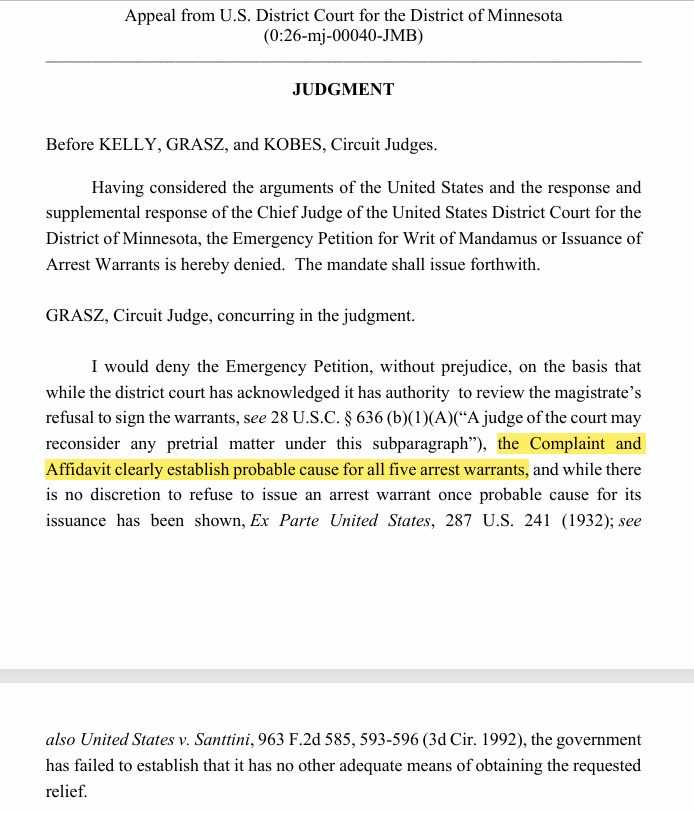 NEW: In denying mandamus relief for DOJ related to MN Mag Judge Doug Micko's refusal to sign criminal complaint against Don Lemon for storming a MN church last weekend, appellate court panel nonetheless concluded the DOJ "clearly establish[ed] probable cause for all five arrest