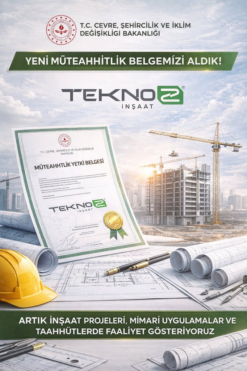 TEKNO Z İnşaat olarak,
📄 Çevre, Şehircilik ve İklim Değişikliği Bakanlığı’ndan Müteahhitlik Yetki Belgemizi almış bulunuyoruz.

Bu kapsamda;
🏗️ İnşaat projeleri
📐 Mimari projeler
🤝 Taahhüt ve uygulama işleri

alanlarında resmî olarak faaliyet göstermeye başlamış bulunmaktayız.
