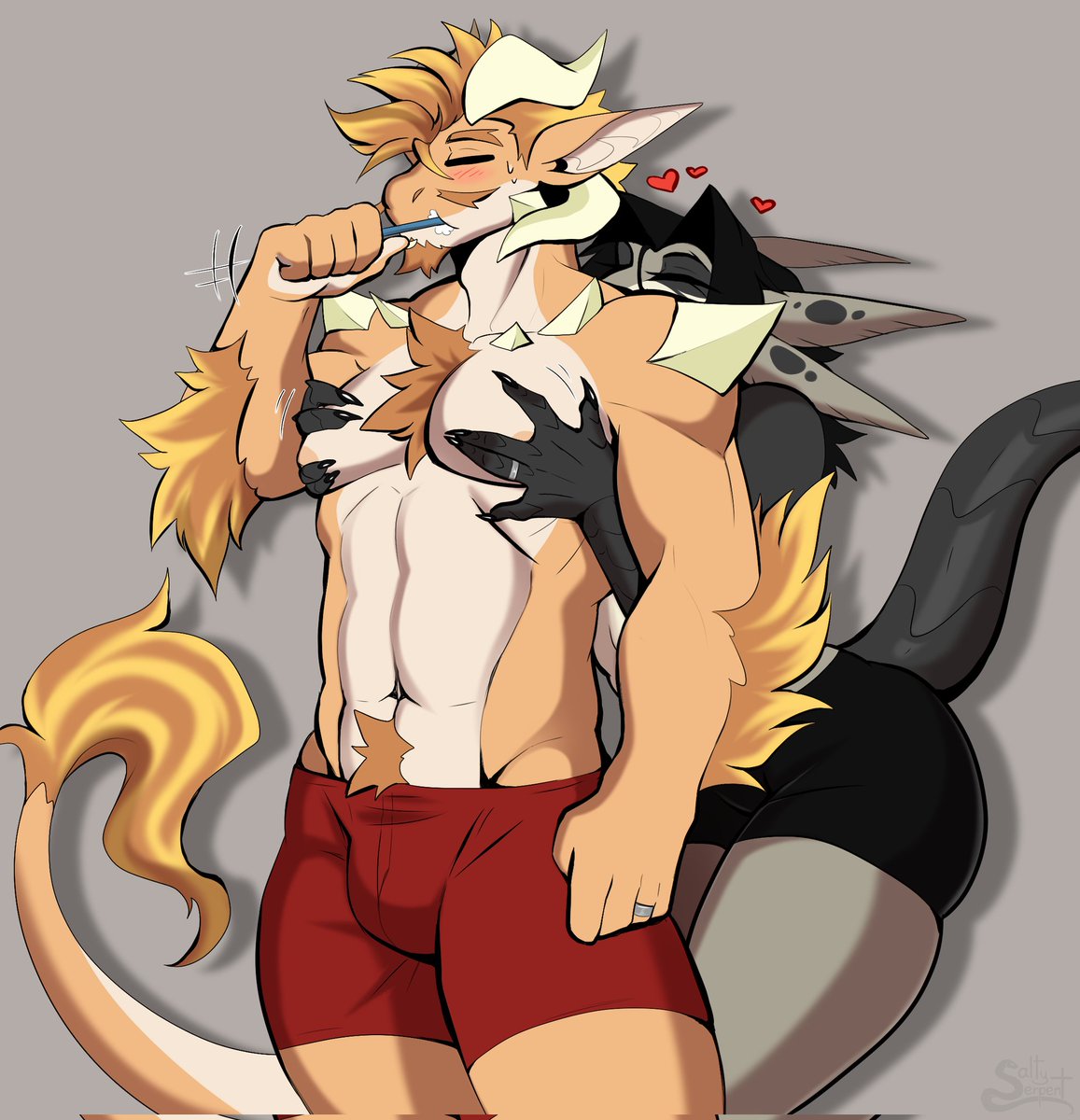 Living together with that lovely zird <a href="/_SaltySerpent/">SaltySerpent 🐍(Commissions closed)</a> changed my life for the better on every level! 
Any drawbacks at all? 
Well...the singleplayer missions in the bathroom are no longer an option, having the full co-op experience... x')
🧡💚

#furry #furryart