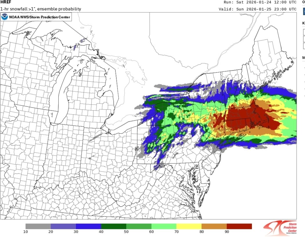 Odds of 1"-2"+ per hour rates Sunday evening are #LockItIn territory

This is also when thundersnow will be most likely ❄️ ⚡️ 

(6p shown)