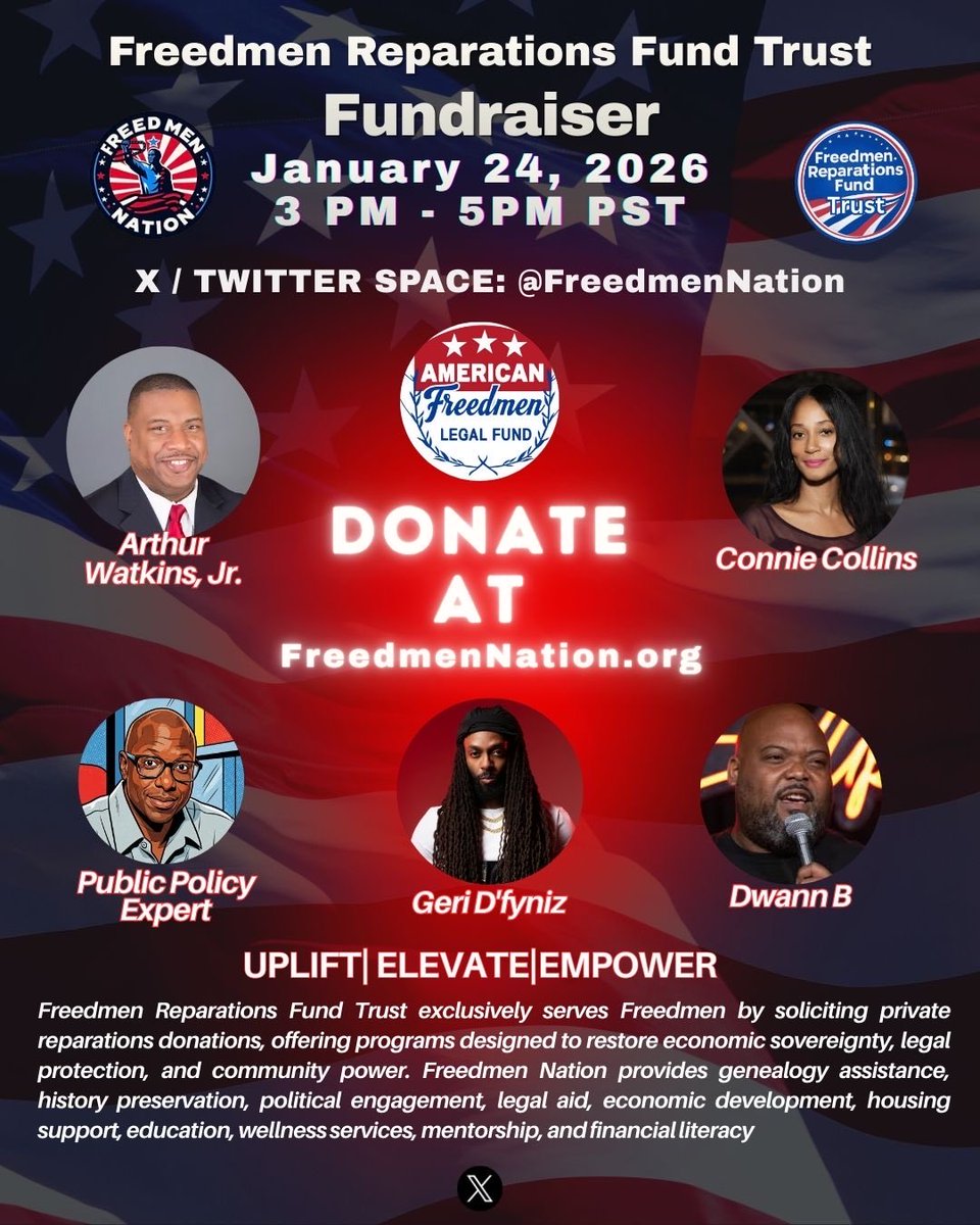 CCFreedmen's tweet photo. TODAY‼️Freedmen Nation is hosting its 1st social media fundraiser on X, simulcast on TikTok FB IG YouTube.
We’re raising funds, featuring Freedmen artist @Th3Melan8dGawd🔥, talking public policy & strategy, hearing testimonials, laughing & sharing‼️ #FreedmenNationFund #FRFT https://t.co/8xTs1iyXOi