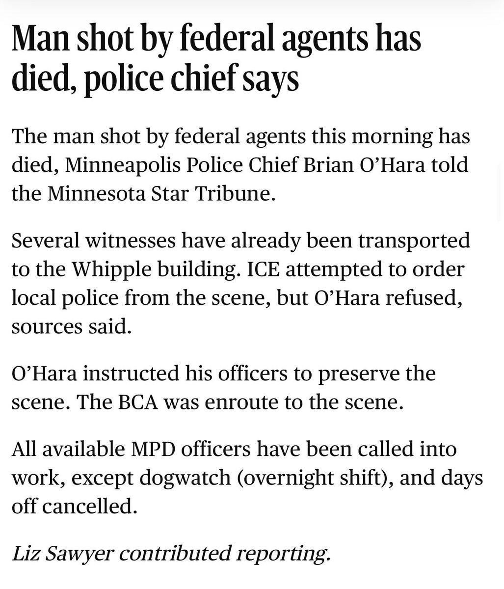 They tried to cover it up immediately and the Minneapolis police chief refused. Witnesses have been taken to police headquarters and all available off duty police have been called to work. ICE cannot be trusted to tell the truth. Congress must act now. The Courts must stop the
