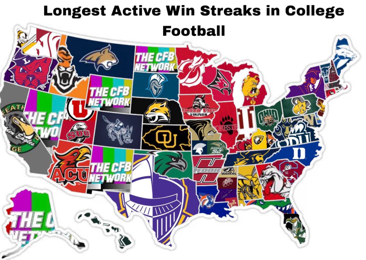thecfbnetwork's tweet image. Who has the longest active college football win streak in every state?

Which state surprises you the most and which program is leading your state? (Note 5 states do not have a team with an active winning streaks streak of 1+ games)