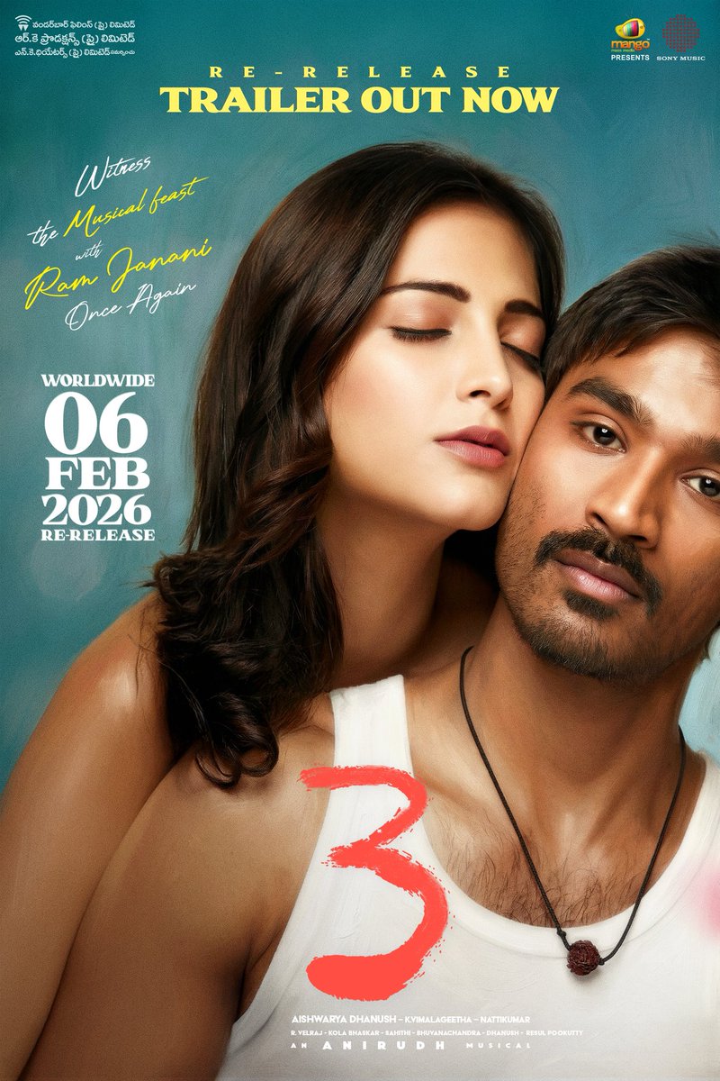 Re-release trailer out now for y’all ❤️

Watch now ➡️ youtu.be/y-P6urdVgjM

#3TheMovie re-releaseing worldwide on this Feb 6th 🎬 Watch on the big screens and get into the world of love! 😍

<a href="/dhanushkraja/">Dhanush</a> <a href="/shrutihaasan/">shruti haasan</a> <a href="/ash_rajinikanth/">Aishwarya Rajinikanth</a> <a href="/anirudhofficial/">Anirudh Ravichander</a> <a href="/wunderbarfilms/">Wunderbar Films</a>