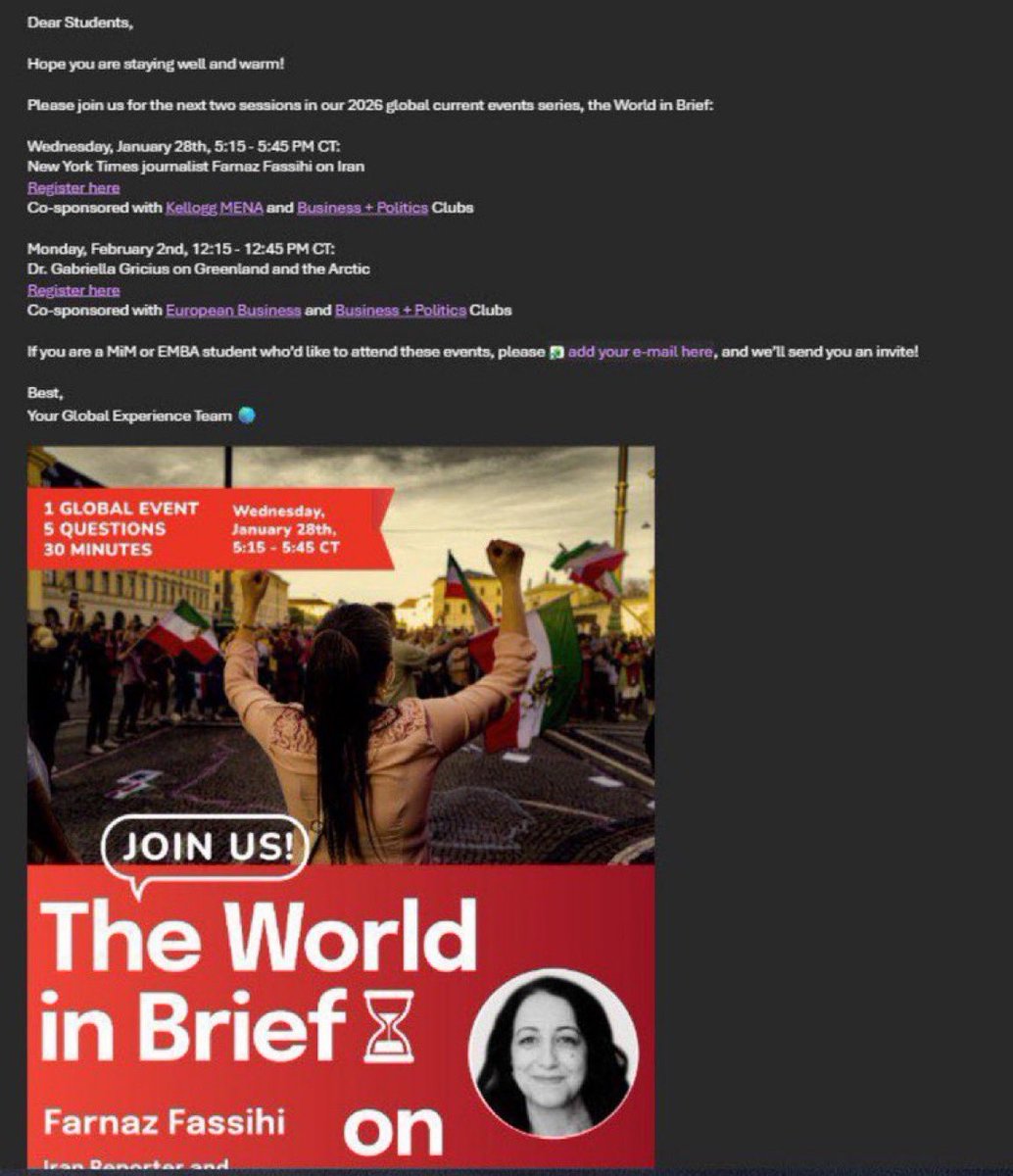 xandersobhani's tweet image. Farnaz Fassihi has been invited to speak at Northwestern University’s Kellogg School of Management on Wednesday, January 28.

Given the mass killing of Iranians by the Islamic regime, allowing her to speak at this moment serves no purpose other than whitewashing the regime.

In…