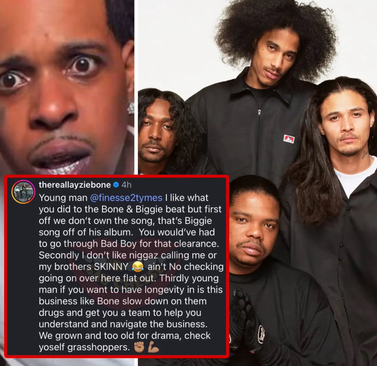 SaycheeseDGTL's tweet image. Layzie Bone responds to Finesse2tymes $40K to get the song cleared

“Ain’t no checking going on… slow down on them drugs &amp;amp; get you a team, check yo self grasshoppers”