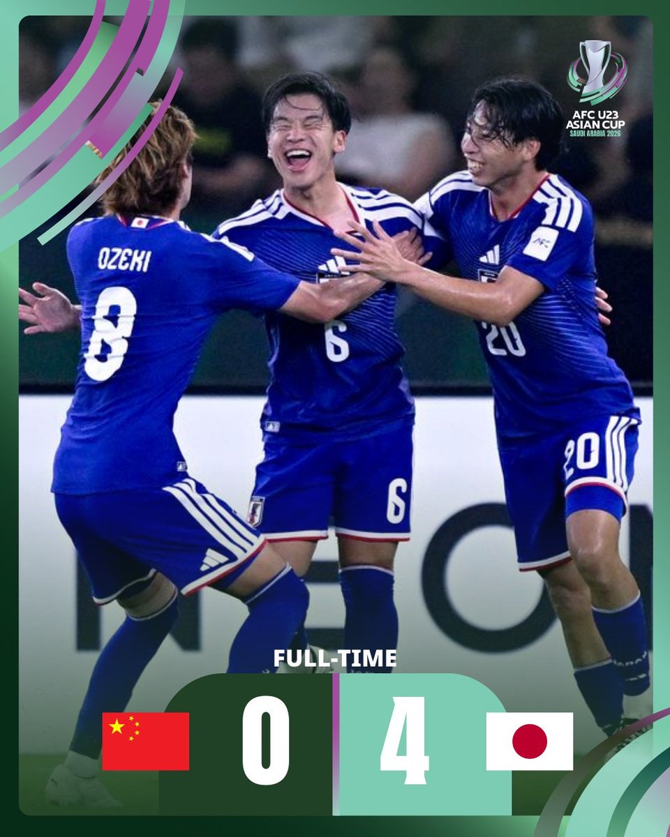 afcasiancup's tweet photo. 𝗙𝗧 | 🇨🇳 China PR 0️⃣-4️⃣ Japan 🇯🇵

Japan are champions once again! 

A dominant display in Jeddah sees the defending holders retain their title in emphatic fashion 🏆🔥

#AFCU23 | #CHNvJPN https://t.co/JI1Uc80JMH