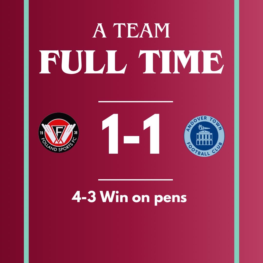 FULL TIME RESULT 

Folland sports 1-1 Andover Town 

🟣 Folland win 4-3 on penalties! 

🏆 We are now through to the quarter finals of the Hampshire cup, where we will face Ringwood Devs at Home! 

⚽️ Lee Osbourne with the goal 

✈️✈️✈️