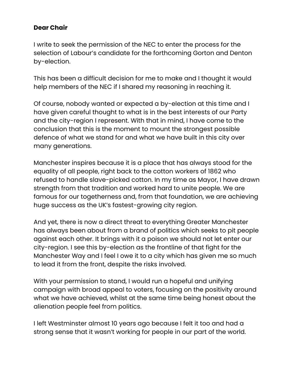 PolitlcsUK's tweet image. 🚨 BREAKING: Andy Burnham has applied to be Labour’s candidate in the Gorton and Denton by-election