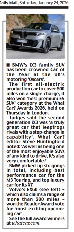 raymasseytweets's tweet image. BMW's new iX3 wins #WhatCarAwards #CaroftheYear in motoring 'Oscars'- one of SIX #BMW gongs - as new #Volvo #EX60 named Readers' choice.
Read me @DailyMail @DailyMailUK 
@BMW_UK @BMW @chrisov #EV #electric #BMWiX3 @swhuntingford @whatcar @volvocars @ItsTomLynch @hakan_samuel