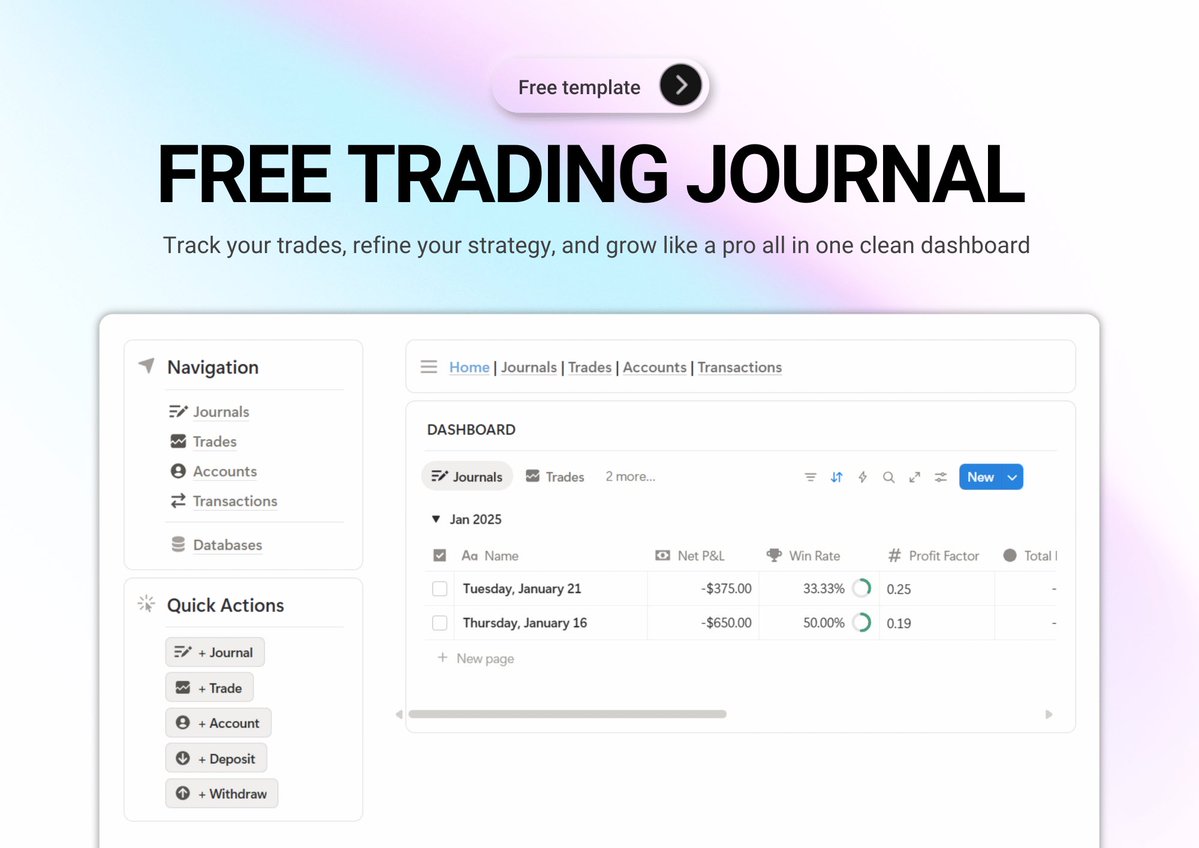 if I had this trading journal when I started,

I would’ve saved years.

Sharing it FREE 🧵

Repost this post and comment ‘Journal’ below.

Make sure you’re following me so I can DM you.”