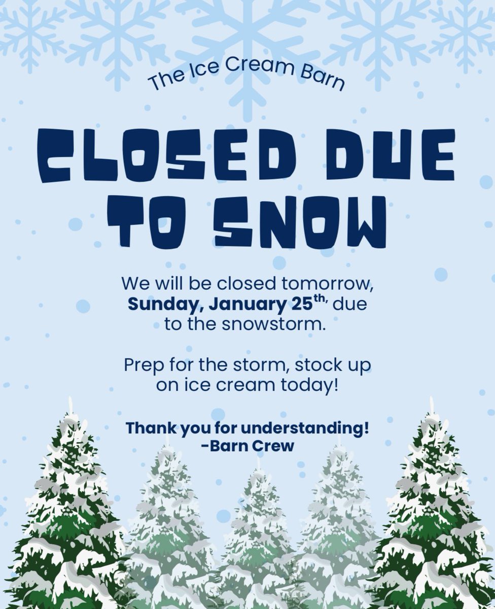 Closed tomorrow (Sun 1/25) due to the impending snowstorm. Prep for the storm and stock up on ice cream today! Thank you for understanding. Stay warm! ❄️☃️❄️