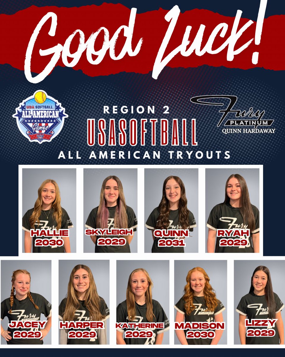 Good luck to all 9 of our girls trying out for USA All American Region 2 today!
Go compete with confidence, trust their preparation, and be themselves. 
We know each of them will represent themselves and Fury Platinum to the fullest! 
#platinumproud
<a href="/FuryPlatinumVA/">Fury Platinum Virginia</a> <a href="/FuryPlatinum/">FuryPlatinumSoftballClub</a>