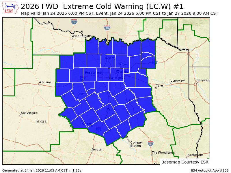 DFWWeatherbot's tweet image. FWD extends time of Extreme Cold Warning valid at Jan 24, 6:00 PM CST (46 forecast zones in [TX]) till Jan 27, 9:00 AM CST mesonet.agron.iastate.edu/vtec/f/2026-O-…