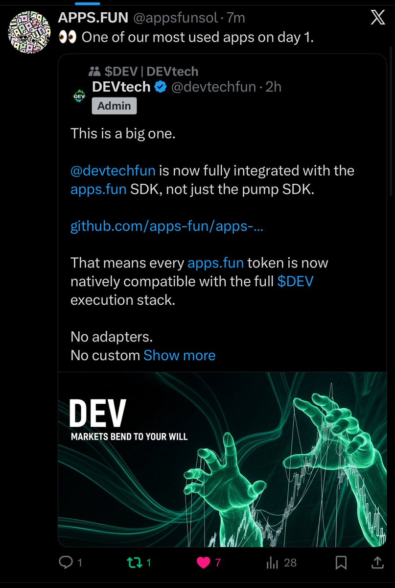 devtechfun's tweet image. This is the signal.

Official repost from @appsfunsol and @0xzak
Day one usage
Real builders
Real volume
Real execution

DEVtech did not get boosted
It got used

One of the most used apps on day one because the tooling works
Because creators and developers actually need this…