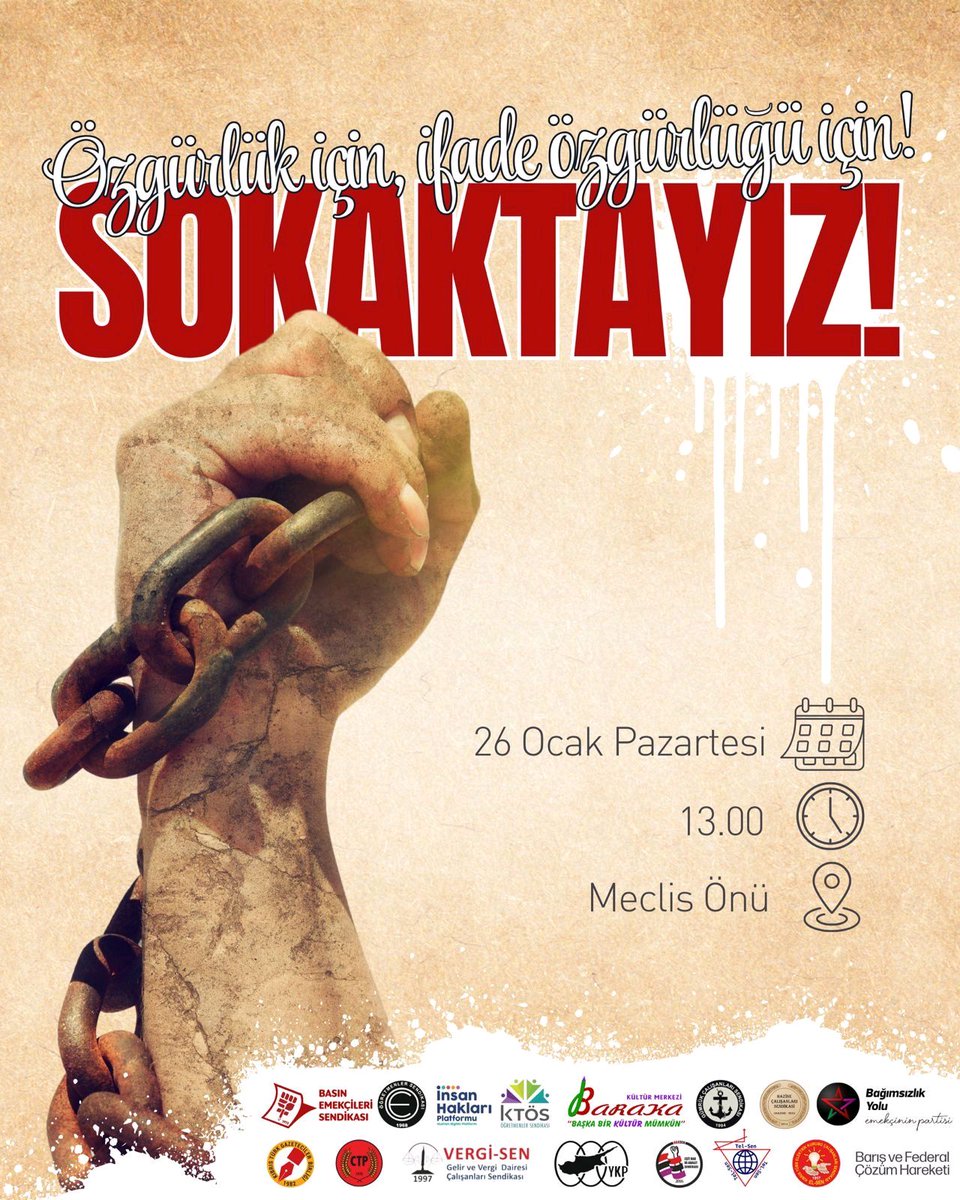 Özgürlük için, fikir ve ifade özgürlüğü için sokağa çıkıyoruz.
UBP-DP-YDP Hükümeti’nin hepimizi susturmak maksadıyla değiştirmeye çalıştığı Ceza Yasası ve Bilişim Suçları Yasasına dur demek için 26 Ocak Pazartesi 13te Meclis önündeyiz.
Susmuyoruz. Boyun eğmiyoruz.