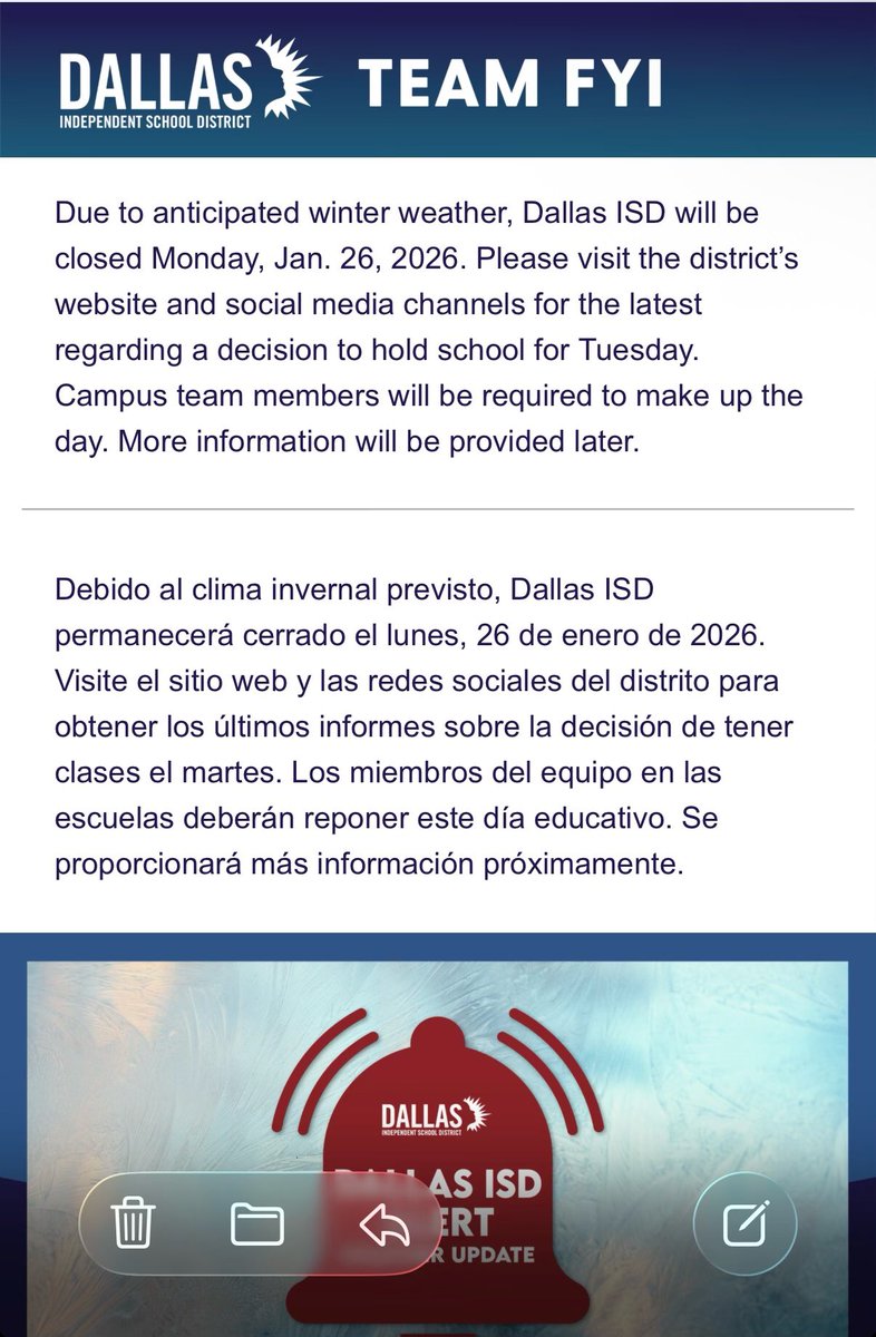 RangelYWLS's tweet photo. Dallas ISD will be closed Monday due to anticipated icy weather. Continue to check for updates about school for Tuesday. https://t.co/X7swbCwSmi