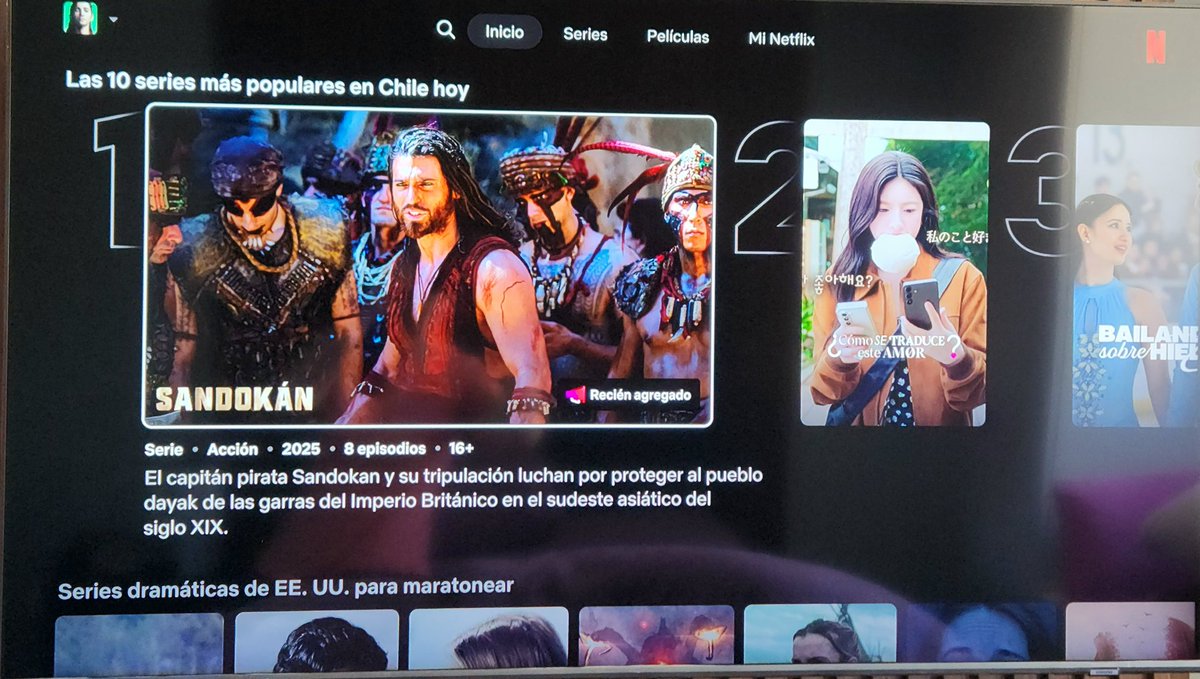 Hoy 24 de enero, Sandokan sigue en el N⁰1 en la lista de series más populares de la plataforma Netflix en Chile 🇨🇱👏👏👏😃😃😃