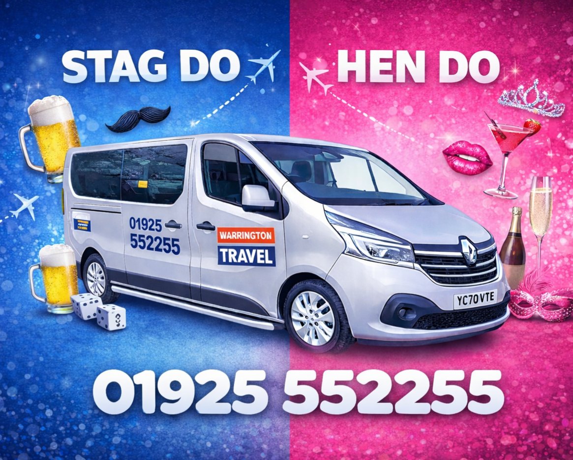 ♂️ STAG / HEN DO AIRPORT TRANSFERS ♀️

Warrington to Manchester / Liverpool Airports
£60 each way (8 seater minibuses)

If both stag and hen do airport transfers are booked with us... the bride and groom have their honeymoon transfers on us!! 👰🤵‍♂💍🚕✈️
warringtontravel.co.uk/book-online