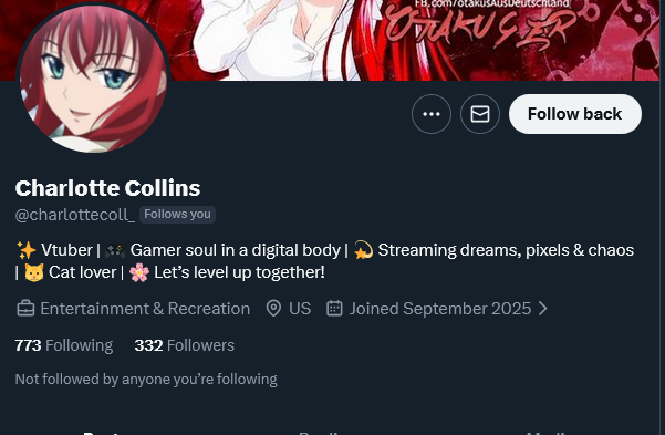 Dead internet theory is more real then you think.

If you got a "vtuber" following you and their bio looks like this, with generic description, then you may want to remove it as your follower.

This is a bot account.