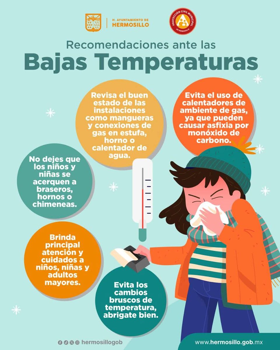🧣❄️ Este fin de semana, con la llegada de un frente frío, es importante tomar precauciones y cuidarnos entre todas y todos: abrígate bien, evita cambios bruscos de temperatura y pon especial atención en niñas, niños y personas adultas mayores.

¡Cuídate y cuida a tu familia! 💙
