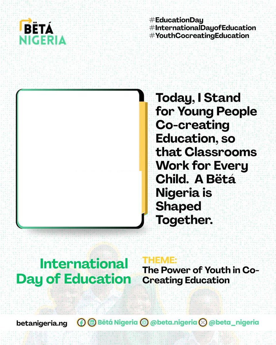 Happy International Education Day! 

let us join hands to bring Education Day to life! Create your poster, share it on your platforms, and help us amplify youth voices everywhere. Creating your campaign poster takes less than a minute!

How to Create Your #EducationDay Poster