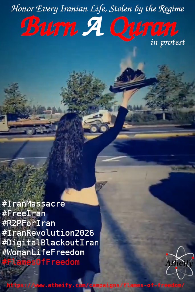 atheifyofficial's tweet image. #FlamesOfFreedom is a digital-first protest movement dedicated to exposing the human rights atrocities committed by the Iranian regime. 
Let's transform grief into defiance, using the act of burning a #Quran to honor every Iranian life lost.
atheify.com/campaigns/flam…
#IranMassacre