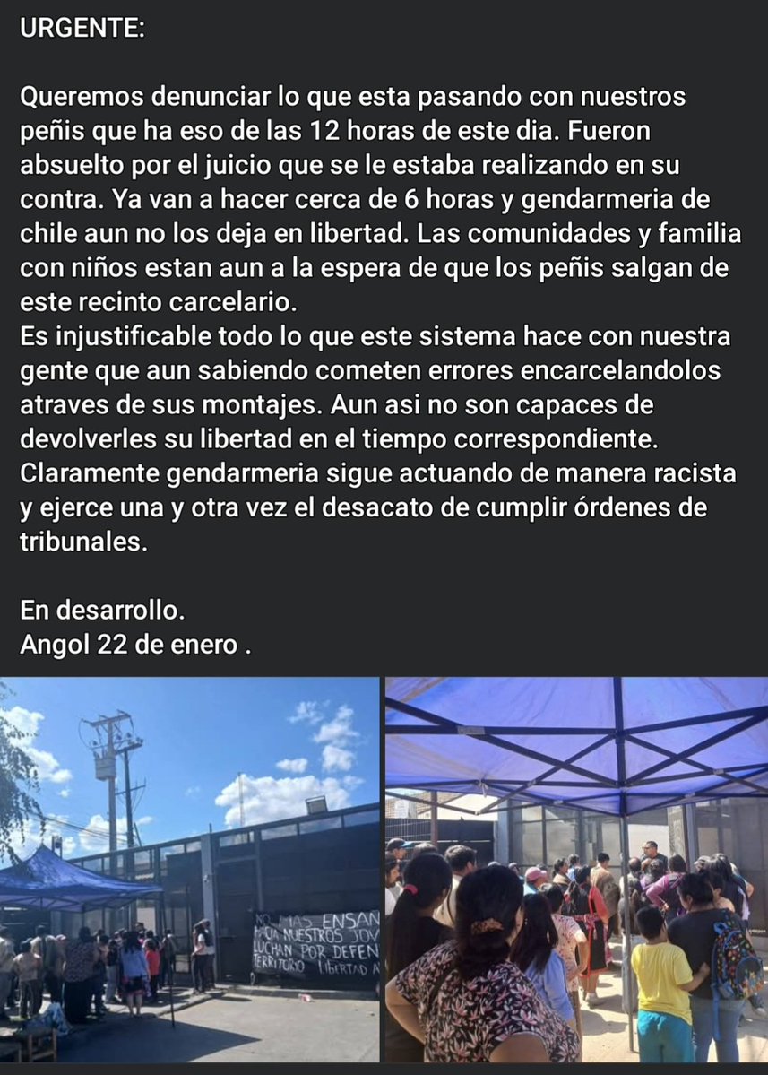 Aqui lo sucedido con los peñi que gendarmeria no queria liberar aun siendo declarados inocentes x el tribunal de angol..!!