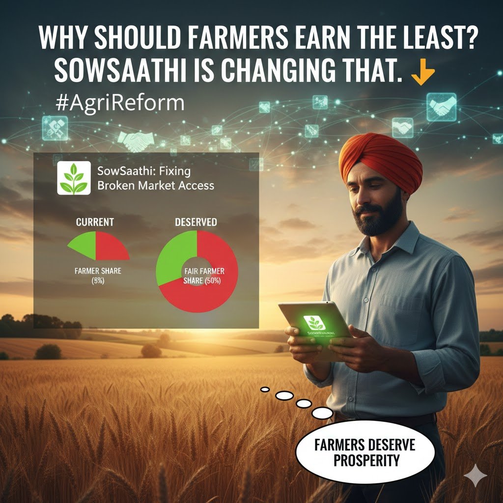 SowSaathi's tweet photo. Why should farmers earn the least in the entire food chain?
SowSaathi is fixing broken market access, unfair pricing, and delayed payments — starting from the root. 🌾
What do you think farmers deserve? 👇
#AgriReform #SowSaathi https://t.co/iqoKkxeWjG