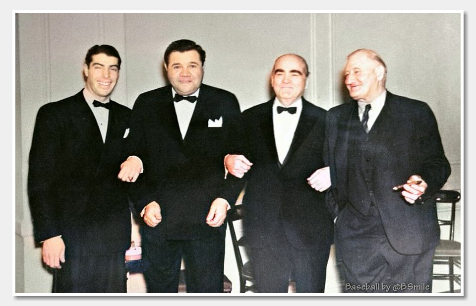 BSmile's tweet photo. Today In 1938: Joe DiMaggio, Babe Ruth, Ed Barrow &amp; Honus Wagner pose at the Hotel Astor, NYC! #MLB #Yankees #Pirates #Baseball #History https://t.co/Q2QF9bMsfe