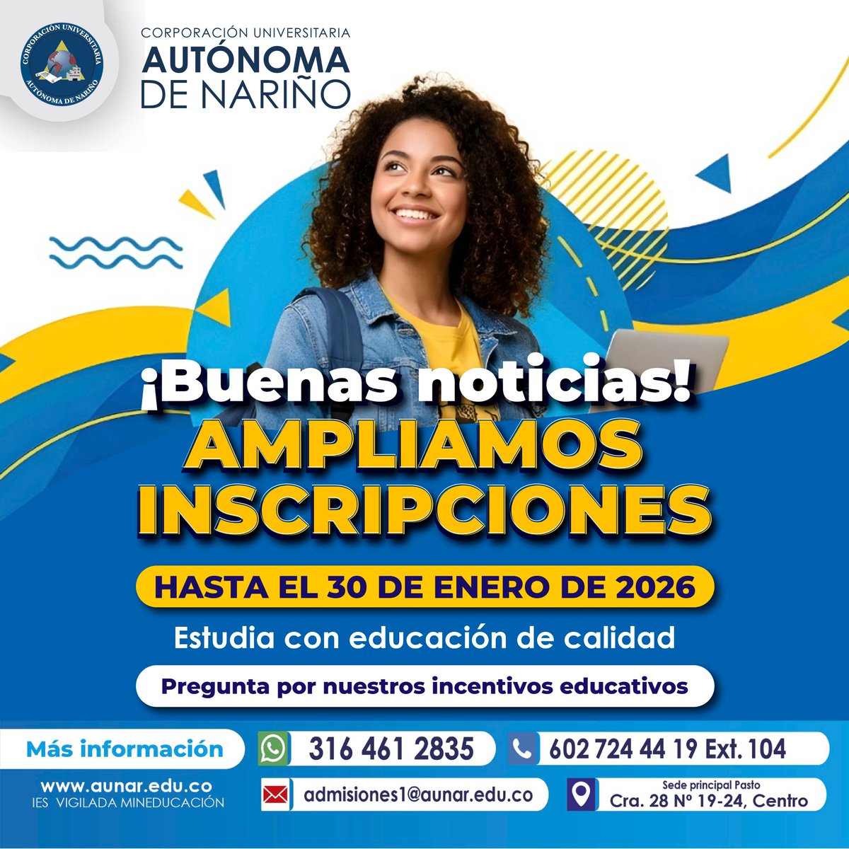 🎉 Estás a tiempo de inscribirte 🎓
Ampliamos inscripciones hasta el 31 de enero de 2026 💙💛
Estudia en la Autónoma de Nariño y construye tu futuro con educación de calidad 🚀📚
#InscripcionesAbiertas #Universidad #EstudiaEnNariño #EducaciónSuperior #Autónoma