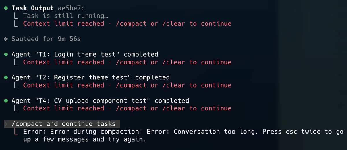 delgadobyron's tweet photo. @bcherny Loving the Tasks feature. However, I had an issue: background tasks hit the compact threshold, and then everything became unresponsive. Claude was advising me to restore a previous checkpoint. https://t.co/hcKUPgNFTX