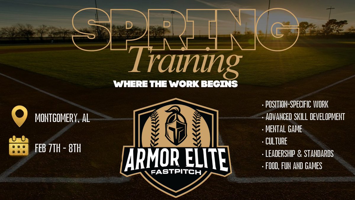 ArmorEliteFP's tweet photo. Spring Training isnโt about showing up.
Itโs about raising the standard before the first pitch is ever thrown.
โณ 7 days
๐ Montgomery, AL
The work starts before the noise.
#ArmorElite #BuiltInArmor #SpringTraining https://t.co/SYx4ivS7Fv