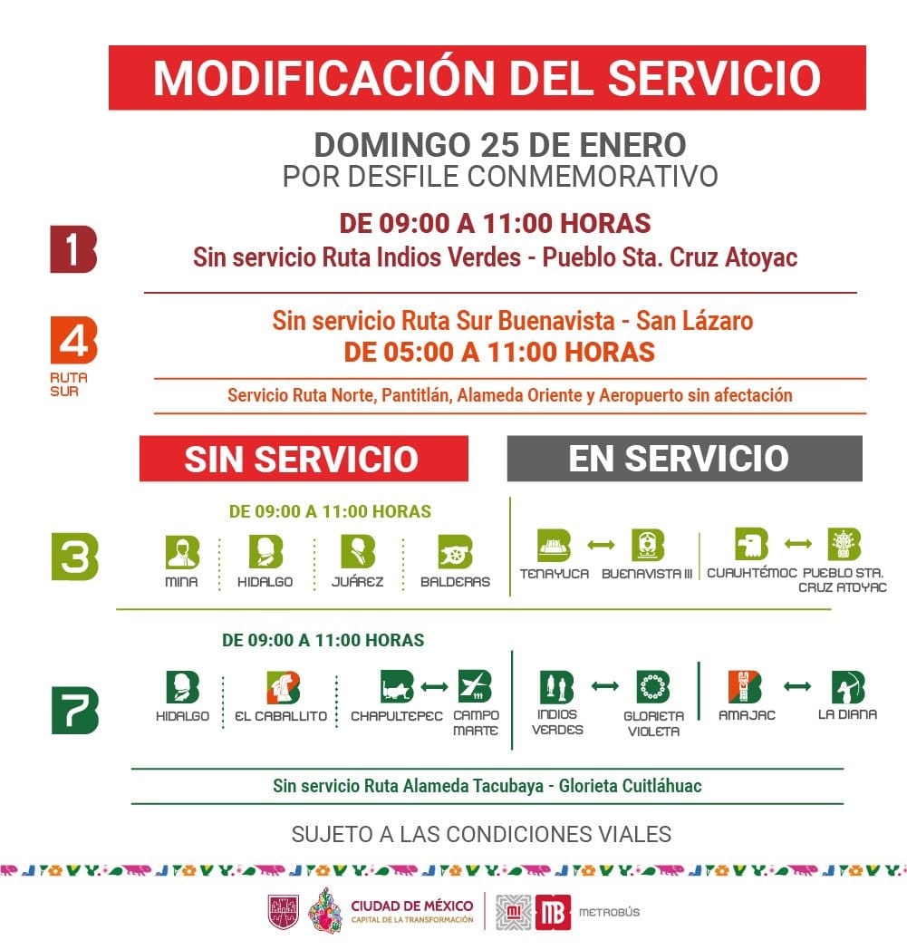 #TomaloEnCuenta 

🟥 AVISO 🟥

Por desfile conmemorativo, el domingo 25 de enero el servicio de nuestras líneas 1, 3, 4, y 7 tendrá modificaciones. 🚍

Prevé tu trayecto. ⏰