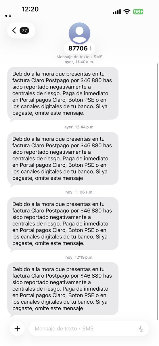 jcd_1010's tweet photo. Que hago frente a este acoso? La factura paga desde antes del corte y aún así continúo recibiendo estos mensajes. @ClaroColombia https://t.co/NMnOnXNvvb
