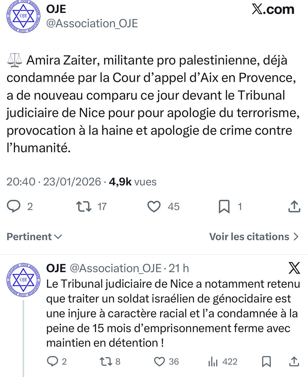 FocusMedia_Fr's tweet photo. 🇫🇷🇵🇸🇮🇱 FLASH 

Selon l’association OJE, partie civile dans l’affaire l’opposant à la militante pro-palestinienne Amira Zaiter, le Tribunal judiciaire de Nice a jugé que :

« traiter un soldat israélien de génocidaire constitue une injure à caractère racial », ce qui peut vous valoir une peine de prison ferme ».