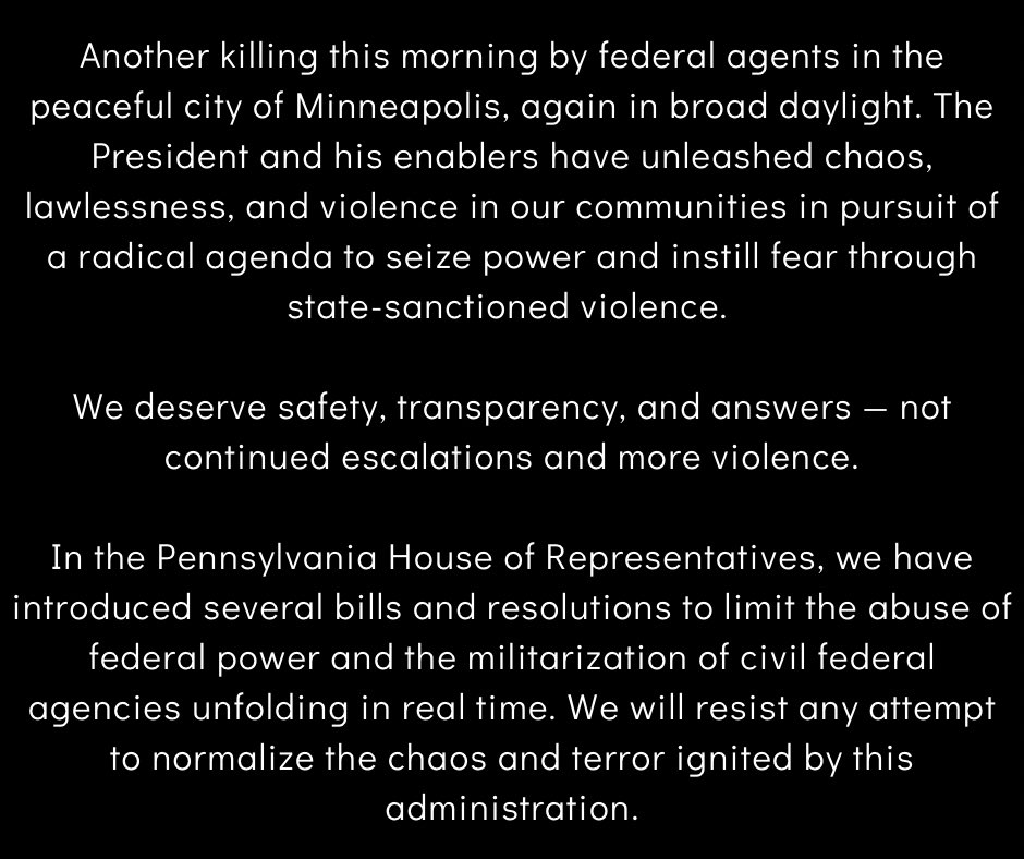 RepTarik's tweet photo. Another killing this morning by federal agents in the peaceful city of Minneapolis, again in broad daylight. The President and his enablers have unleashed chaos, lawlessness, and violence in our communities in pursuit of a radical agenda to seize power and instill fear. https://t.co/A6p8VuC4mZ