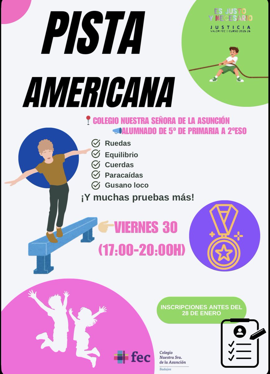 🏃‍♂️¡PISTA AMERICANA en nuestro cole!
 
Para alumnado de 5º de Primaria a 2º de ESO tanto de nuestro cole como de otros centros educativos.🤩
 
📅Viernes 30
⏰De 17:00 a 20:00 h
📍Colegio Nuestra Señora de la Asunción
 📝Inscripciones abiertas hasta el 28 de enero.
 
#ColegiosFEC