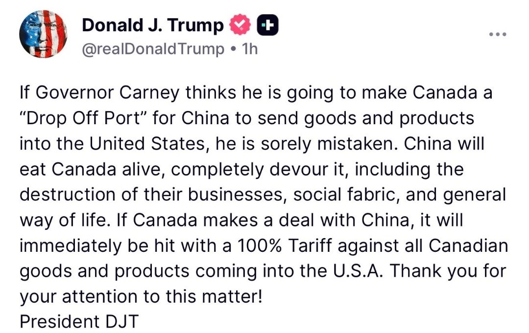 This should come as no surprise to those following me and paying attention.

I've been talking about it for a whole year now. I even got the tariff amount exactly right.

This is what it's all about.

America is booting the CCP out of this continent.

Bad day to be a Liberal!