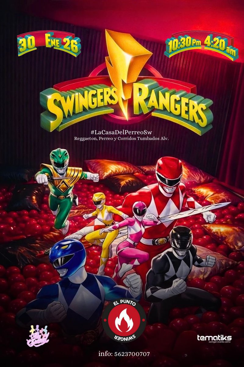 Elpunto_sw's tweet photo. Viernes 30 de ENERO 
Swingers Rangers 🔴🔵🟡🟢🟣

Colores listos. Energía al máximo.
La red se activa. El poder se libera.

Esta vez, los Rangers no luchan contra el mal…
luchan contra lo ordinario.

¿Estás listo para hacer MORPHOSIS y entrar al punto donde la fantasía toma el control?.

Dress Code: Power Rangers