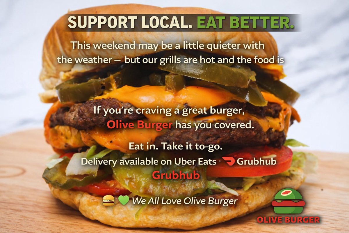 OliveBurger's tweet photo. Cold and icy outside 🧊❄️
Warm grills, fresh burgers inside 🍔🔥
Eat in. Take it to-go. Or stay cozy and order delivery on Uber Eats, DoorDash &amp; Grubhub.
Thank you for supporting local.
💚 We All Love Olive Burger
#oliveburger #eatoliveburger https://t.co/3zvclTBXJx